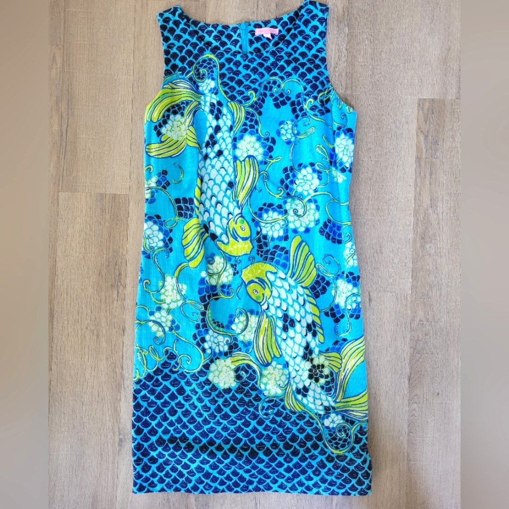 NWOT Lilly Pulitzer Blue and Green Koi Fish Stephanie Dress size 12